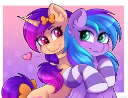 Size: 4200x3248 | Tagged: safe, artist:madelinne, derpibooru import, oc, oc:nikita dash, unofficial characters only, pegasus, pony, unicorn, blushing, bow, clothes, duo, female, horn, hug, image, mare, pegasus oc, png, smiling, socks, striped socks, unicorn oc, wings