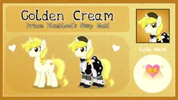 Size: 7000x3935 | Tagged: suggestive, artist:n0kkun, ponerpics import, ponybooru import, oc, oc:golden cream, oc:sunray songheart, oc:sunray songheart/golden cream, pony, unicorn, apron, bow, choker, clothes, commission, crossdressing, cutie mark, dress, explanation in the description, explicit description, femboy, frilly, frilly dress, image, maid, maid headdress, male, nylon stockings, panel, png, reference sheet, simple background, sissy, socks, stallion, stockings, text, thigh highs, vector