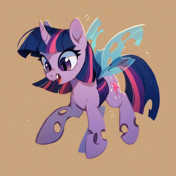 Size: 1024x1024 | Tagged: safe, ai content, derpibooru import, machine learning generated, stable diffusion, twilight sparkle, changeling, hybrid, pony, changelingified, curved horn, cute, cutie mark, fangs, generator:pony diffusion v6 xl, generator:purplesmart.ai, horn, image, insect wings, open mouth, png, purple changeling, simple background, slit pupils, smiling, solo, species swap, twiabetes, twiling, wings