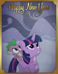 Size: 1568x2000 | Tagged: safe, artist:lovinglypromise, derpibooru import, spike, twilight sparkle, twilight sparkle (alicorn), alicorn, dragon, pony, clothes, dragons riding ponies, happy new year 2024, image, png, riding, scarf, snow