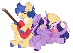 Size: 3115x2268 | Tagged: safe, artist:pixiesimm, derpibooru import, flash sentry, twilight sparkle, twilight sparkle (alicorn), alicorn, pony, alternate design, colored wings, curved horn, female, flashlight, glasses, gradient wings, guitar, horn, image, male, musical instrument, png, shipping, simple background, straight, transparent background, twitterina design, wings