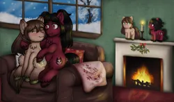 Size: 2398x1414 | Tagged: safe, artist:yumomochan, derpibooru import, oc, unofficial characters only, earth pony, pony, blanket, blushing, candle, chest fluff, commission, couch, ear fluff, earth pony oc, female, fireplace, hug, image, indoors, mare, oc x oc, plushie, png, shipping, sitting, smiling, snow, winter