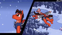 Size: 1280x720 | Tagged: safe, artist:scarletdex8299, derpibooru import, oc, oc:redgear alloy, earth pony, animated, clothes, ear twitch, flailing, flying, frozen, gif, goggles, high angle, image, jetpack, loop, male, ponyville, propeller, river, saddlecopter, safety goggles, snow, snowfall, split screen, town, two sides, vest, water, windmill, winter