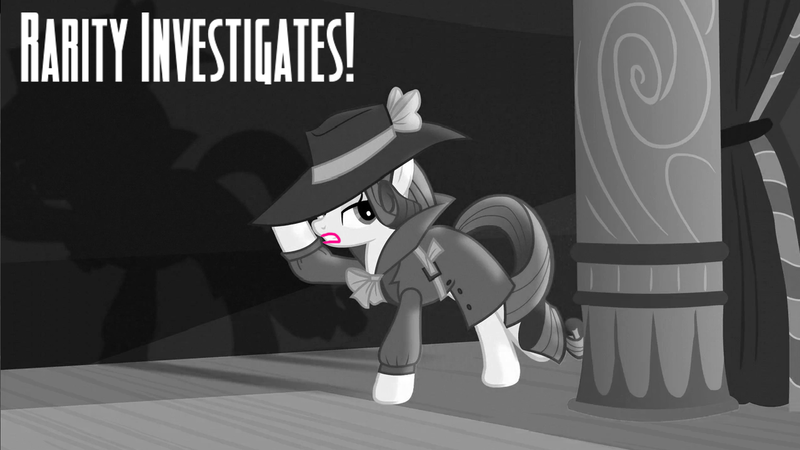 Size: 1280x720 | Tagged: safe, artist:detectivefrankie, derpibooru import, edit, edited screencap, screencap, rarity, rarity investigates, black and white, clothes, coat, detective coat, detective hat, detective rarity, gray, grayscale, hat, image, lipstick, monochrome, noir, pink lipstick, png