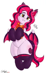 Size: 4706x7436 | Tagged: safe, artist:cdrspark, artist:pabbley, color edit, derpibooru import, edit, editor:cdrspark, oc, oc:arrhythmia, unofficial characters only, bat pony, pony, absurd resolution, bat pony oc, bat wings, bedroom eyes, belly button, butt, butt blush, clothes, colored, eyeshadow, fangs, female, floating heart, heart, hooves to the chest, huge butt, image, large butt, makeup, png, scarf, simple background, socks, solo, white background, wings