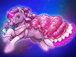 Size: 2400x1800 | Tagged: safe, artist:sparkytopia, derpibooru import, lily lightly, pony, unicorn, g3, clothes, dress, female, glitter, glow, glowing horn, horn, image, jewelry, looking at you, mare, necklace, pearl necklace, pink mane, png, purple coat, socks, solo