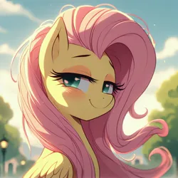 Size: 4096x4096 | Tagged: safe, ai content, derpibooru import, machine learning generated, prompter:enterusxrname, fluttershy, pegasus, pony, absurd resolution, blurry background, female, g4, generator:bing image creator, generator:dall-e 3, image, jpeg, lidded eyes, outdoors, smiling, solo, upscaled