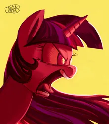 Size: 4390x4961 | Tagged: safe, artist:jowybean, derpibooru import, twilight sparkle, pony, unicorn, angry, erupting, image, open mouth, png, ragelight sparkle, simple background, speedpaint, tongue out, unicorn twilight, yellow background
