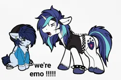 Size: 2682x1776 | Tagged: safe, alternate version, artist:sweetpea-and-friends, derpibooru import, shining armor, soarin', pegasus, pony, unicorn, alternate character, alternate hairstyle, beanie, bracelet, clothes, ear piercing, emo, face paint, g4, hat, image, lip piercing, makeup, meme, piercing, png, spiked wristband, we're emo, wrist cuffs, wristband