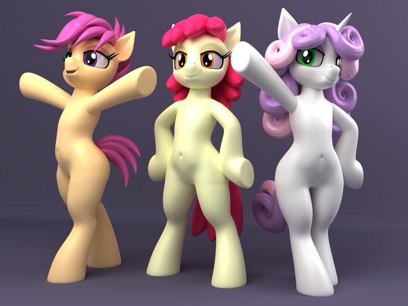 Size: 2000x1500 | Tagged: safe, artist:argos90, derpibooru import, apple bloom, scootaloo, sweetie belle, semi-anthro, 3d, 3d model, belly, belly button, bipedal, cutie mark crusaders, female, hooves on hips, image, png, pose, round belly, underhoof