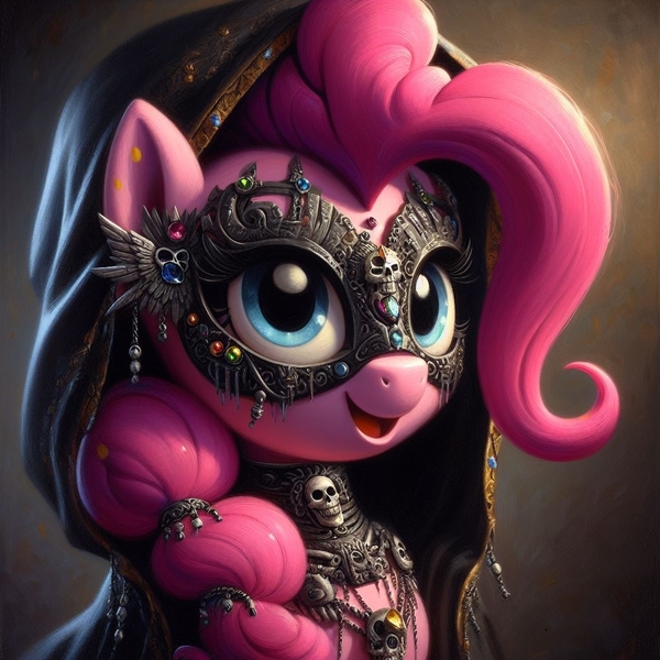 Size: 1024x1024 | Tagged: prompter needed, safe, ai content, derpibooru import, machine learning generated, pinkie pie, earth pony, pony, adoracreepy, bust, clothes, creepy, cute, detailed, ear piercing, earring, female, g4, gem, generator:dall-e 3, hairclip, hood, hooded cape, image, jewelry, jpeg, mare, mask, necklace, necromancer, open mouth, open smile, piercing, skull, smiling, solo