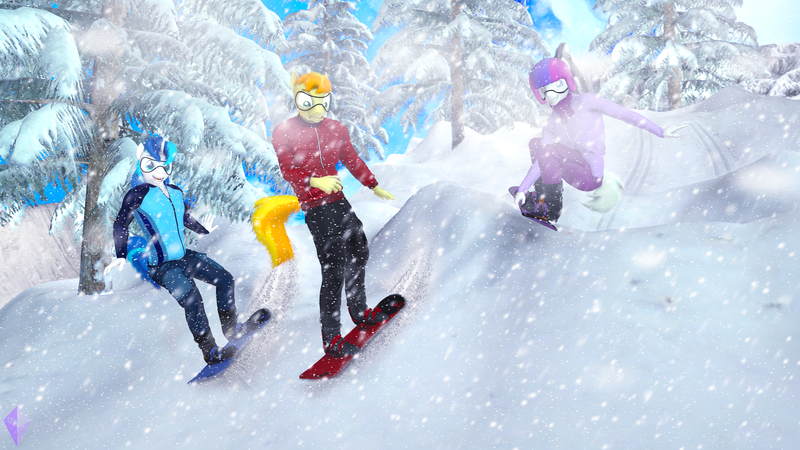 Size: 3840x2160 | Tagged: safe, artist:unie, derpibooru import, braeburn, double diamond, shining armor, anthro, plantigrade anthro, boots, clothes, helmet, horn, image, jacket, pants, pine tree, png, shoes, snow, snowboard, snowboarding, sports, tail, tree