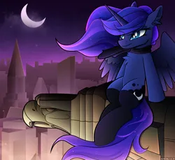 Size: 2500x2288 | Tagged: safe, artist:andaluce, derpibooru import, princess luna, alicorn, pony, city, cityscape, clothes, female, g4, image, manehattan, mare, moon, night, png, scarf, sitting, socks, solo, spread wings, wings