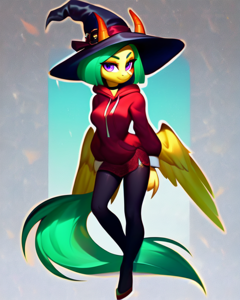 Size: 640x800 | Tagged: safe, ai content, derpibooru import, machine learning generated, prompter:twinky, stable diffusion, oc, unofficial characters only, anthro, pony, anthro oc, breasts, clothes, cute, female, generator:pony diffusion v5, green mane, green tail, hat, hoodie, horns, image, mare, png, purple eyes, solo, tail, wings, witch, witch hat, yellow body