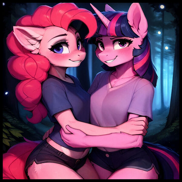 Size: 1280x1280 | Tagged: prompter needed, safe, ai content, derpibooru import, machine learning generated, stable diffusion, pinkie pie, twilight sparkle, anthro, blushing, clothes, generator:easyfluff v11.2, image, jpeg, looking at you, shirt, shorts, smiling, smiling at you, wrong eye color