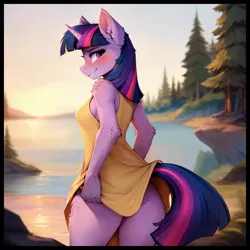 Size: 894x894 | Tagged: prompter needed, suggestive, ai content, derpibooru import, machine learning generated, stable diffusion, twilight sparkle, anthro, blushing, clothes, dress, generator:easyfluff v11.2, image, jpeg, lake, looking at you, looking back, water, yellow dress