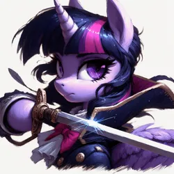 Size: 2048x2048 | Tagged: safe, ai content, derpibooru import, machine learning generated, prompter:krivovyaz, twilight sparkle, alicorn, pony, clothes, generator:bing image creator, image, png, simple background, solo, sword, weapon, white background