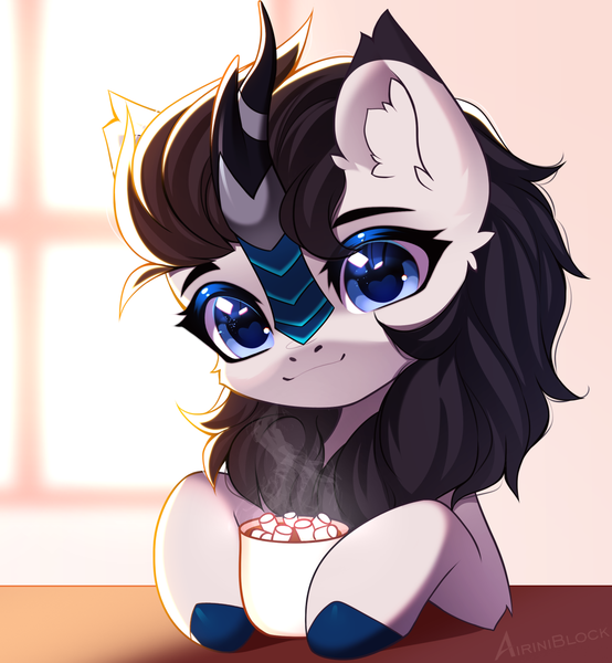 Size: 1165x1262 | Tagged: safe, artist:airiniblock, derpibooru import, oc, oc:stella interlunium, unofficial characters only, kirin, chocolate, commission, cute, ear fluff, food, hot chocolate, image, marshmallow, morning, png, ych result