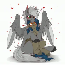 Size: 3163x3163 | Tagged: safe, artist:buvanybu, derpibooru import, oc, unofficial characters only, pegasus, pony, blushing, cuddling, duo, ear blush, freckles, heart, image, jpeg, pegasus oc, size difference, wings