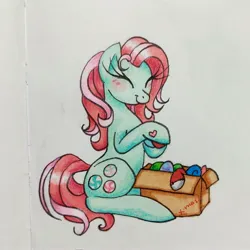 Size: 2047x2048 | Tagged: safe, artist:mintytreble, derpibooru import, minty, earth pony, pony, a very minty christmas, g3, box, christmas, holiday, image, jpeg, simple background, solo, traditional art, white background