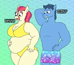 Size: 2043x1803 | Tagged: safe, artist:wolfox90210, derpibooru import, toe-tapper, torch song, anthro, earth pony, bbw, belly, big belly, breasts, busty torch song, duo, duo male and female, fat, female, image, male, png, speech bubble