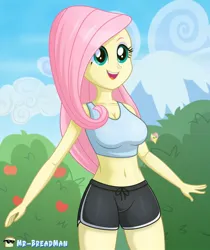 Size: 1000x1190 | Tagged: suggestive, artist:mr-breadman, derpibooru import, fluttershy, human, equestria girls, 2d, belly button, breasts, busty fluttershy, cleavage, clothes, cute, eyeshadow, female, g4, image, jpeg, legs, makeup, midriff, open mouth, outdoors, park, shirt, shorts, shyabetes, sleeveless, smiling, solo, thighs