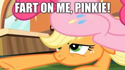 Size: 800x450 | Tagged: suggestive, derpibooru import, edit, edited screencap, screencap, applejack, pinkie pie, earth pony, pony, games ponies play, season 3, balloonbutt, butt, caption, duo, duo female, fart, fart fetish, female, fetish, g4, image, image macro, imgflip, implied farting, inverted mouth, jpeg, mare, smiling, text