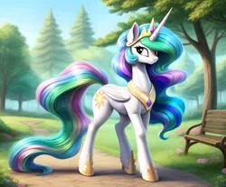 Size: 2320x1920 | Tagged: safe, ai content, artist:dovakkins, derpibooru import, machine learning assisted, machine learning generated, princess celestia, alicorn, pony, derpibooru exclusive, female, g4, generator:easyfluff v11.2, horn, image, jewelry, long mane, mare, park, peytral, png, regalia, smiling, solo, sternocleidomastoid, walking, wavy mane, wings