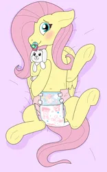 Size: 800x1280 | Tagged: suggestive, artist:little-off-main, derpibooru import, fluttershy, pegasus, pony, blushing, diaper, diaper fetish, fetish, image, jpeg, lying down, on back, pacifier, plushie, solo