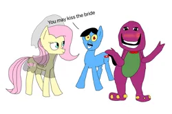 Size: 2724x1811 | Tagged: safe, anonymous artist, derpibooru import, fluttershy, barney the dinosaur, blushing, female, image, male, marriage, png, pony hitler, shipping, straight