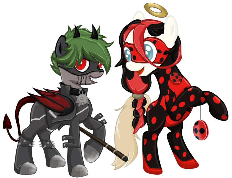 Size: 1332x1025 | Tagged: safe, artist:darktailsko, derpibooru import, oc, oc:lucy fair, oc:sunny harmony, unofficial characters only, angel pony, demon, demon pony, original species, pegasus, pony, derpibooru community collaboration, 2024 community collab, angel, bipedal, boots, chat noir, claw noir, clothes, collar, cosplay, costume, duo, fangs, female, gloves, grin, halo, horns, image, ladybug (miraculous ladybug), lesbian, mare, mask, miraculous ladybug, oc x oc, open mouth, pants, png, raised hoof, shadybug, shipping, shoes, simple background, smiling, staff, transparent background, yo-yo