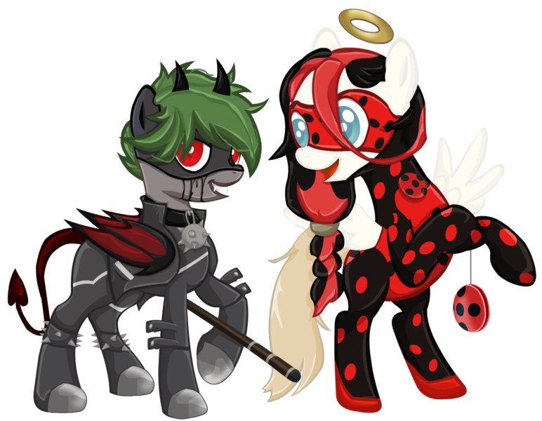 Size: 1328x1032 | Tagged: safe, artist:darktailsko, derpibooru import, oc, oc:lucy fair, oc:sunny harmony, unofficial characters only, angel pony, demon, demon pony, original species, pegasus, pony, derpibooru community collaboration, 2024 community collab, angel, bipedal, boots, chat noir, claw noir, clothes, collar, cosplay, costume, duo, fangs, female, gloves, grin, halo, horns, image, ladybug (miraculous ladybug), lesbian, mare, mask, miraculous ladybug, oc x oc, open mouth, pants, png, raised hoof, shadybug, shipping, shoes, simple background, smiling, staff, transparent background, yo-yo
