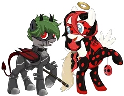 Size: 1328x1032 | Tagged: safe, artist:darktailsko, derpibooru import, oc, oc:lucy fair, oc:sunny harmony, unofficial characters only, angel pony, demon, demon pony, original species, pegasus, pony, derpibooru community collaboration, 2024 community collab, angel, bipedal, boots, chat noir, claw noir, clothes, collar, cosplay, costume, duo, fangs, female, gloves, grin, halo, horns, image, ladybug (miraculous ladybug), lesbian, mare, mask, miraculous ladybug, oc x oc, open mouth, pants, png, raised hoof, shadybug, shipping, shoes, simple background, smiling, staff, transparent background, yo-yo