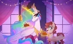 Size: 2500x1500 | Tagged: safe, artist:thewandie, derpibooru import, princess celestia, oc, oc:jingle belle jangle, alicorn, bat pony, pony, alternate hairstyle, bat pony oc, bat wings, boots, bow, cake, christmas, christmas lights, clothes, coat, commission, concave belly, cowboy boots, crown, curtains, dress, duo, ear piercing, earring, eating, ethereal mane, ethereal tail, fangs, female, folded wings, food, g4, glow, glowing horn, hair bow, height difference, holiday, horn, image, jewelry, large wings, long horn, long mane, long tail, looking at each other, looking at someone, magic, mare, nose piercing, open mouth, peytral, physique difference, piercing, plate, png, regalia, shirt, shoes, size difference, slender, socks, spoon, striped socks, tail, tattoo, thin, wings, ych result