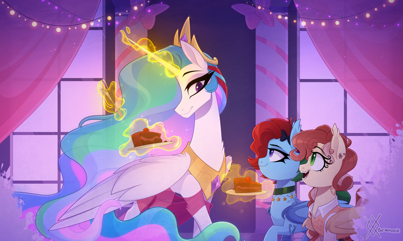 Size: 2500x1500 | Tagged: safe, alternate version, artist:thewandie, derpibooru import, princess celestia, oc, oc:jingle belle jangle, oc:jingle belle rock, alicorn, bat pony, pony, alternate hairstyle, bat pony oc, bat wings, boots, bow, cake, choker, christmas, christmas lights, clothes, coat, commission, concave belly, cowboy boots, crown, curtains, dress, duo, ear piercing, earring, eating, ethereal mane, ethereal tail, fangs, female, folded wings, food, g4, glow, glowing horn, hair bow, height difference, holiday, horn, image, jewelry, large wings, long horn, long mane, long tail, looking at each other, looking at someone, magic, mare, nose piercing, open mouth, peytral, physique difference, piercing, plate, png, regalia, shirt, shoes, siblings, sisters, size difference, slender, socks, spoon, striped socks, tail, tattoo, thin, trio, twins, wall of tags, wings, ych result