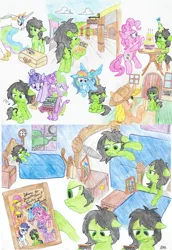 Size: 1220x1773 | Tagged: safe, artist:dhm, derpibooru import, applejack, fluttershy, pinkie pie, princess celestia, rainbow dash, rarity, spike, twilight sparkle, oc, oc:anonfilly, pony, annoyed, bed, bedroom, blanket, book, cake, candle, clock, cloud, colored pencil drawing, comic, day, door, female, filly, food, funny, grumpy, hat, heavy, holding, house, image, lidded eyes, luggage, magic, mane six, map, mare, moon, night, nightstand, noogie, parchment, party, party hat, pen drawing, photo, picture, picture frame, pillow, png, quill, simple background, sky, smiling, stars, suitcase, sweat, traditional art, train, train station, tree, welcome, white background, wholesome, window