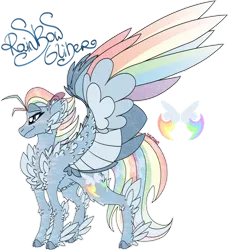 Size: 1280x1401 | Tagged: safe, artist:mrufka69, derpibooru import, oc, oc:rainbow glider, unofficial characters only, pegasus, pony, alternate design, cloven hooves, colored wings, female, image, magical lesbian spawn, mare, multicolored wings, offspring, parent:night glider, parent:rainbow dash, parents:nightdash, pegasus oc, png, side view, signature, simple background, smiling, smirk, solo, spread wings, transparent background, twitterina design, wings