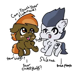 Size: 1568x1538 | Tagged: safe, artist:sweetsterty, derpibooru import, button mash, rumble, earth pony, pegasus, pony, annoyed, blushing, cheek fluff, chest fluff, colt, dialogue, duo, duo male, ear fluff, foal, gay, image, male, png, ship:rumblemash, shipping, talking, vulgar