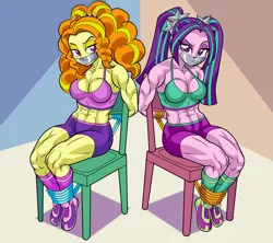 Size: 3130x2776 | Tagged: suggestive, artist:art-2u, derpibooru import, adagio dazzle, aria blaze, equestria girls, acardio dazzle, aria brute, aria buff, ariasub, bondage, female, gag, image, jpeg, muscles, muscular female, subdagio, tape, tape gag, tied to chair