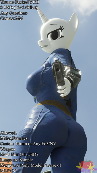 Size: 2160x3840 | Tagged: safe, artist:marianokun, derpibooru import, oc, anthro, fallout equestria, 3d, advertisement, aiming, anthro oc, blender, butt, clothes, commission, gun, image, jumpsuit, looking at you, pipboy, png, smiling, smiling at you, vault suit, vulgar, weapon, ych example, your character here