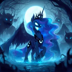 Size: 1024x1024 | Tagged: semi-grimdark, ai content, derpibooru import, machine learning generated, princess luna, alicorn, pony, concave belly, corrupted, creepy, crown, dark forest, eerie, forest, g4, generator:dall-e 3, glow, glowing eyes, glowing mouth, image, jewelry, jpeg, monster, moon, nature, night, peytral, prompter:montaraz13, regalia, scary, solo, tree