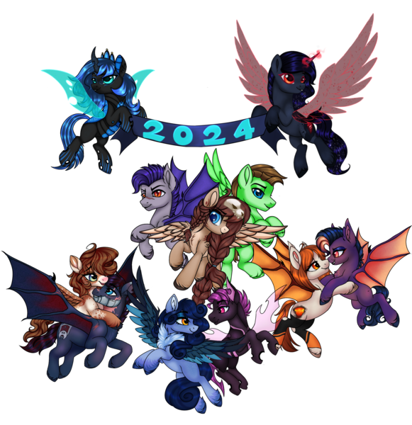 Size: 2505x2586 | Tagged: safe, artist:ondrea, derpibooru import, oc, oc:bea, oc:land crafter, oc:night zeroni, oc:ondrea, oc:phoenix, oc:thunder run, oc:tundra, oc:vortex, unofficial characters only, pegasus, pony, derpibooru community collaboration, 2024, 2024 community collab, banner, flying, group, high res, image, png, simple background, transparent background