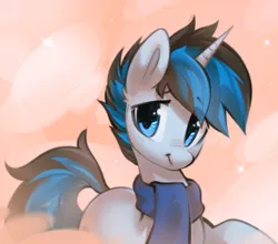 Size: 2861x2522 | Tagged: safe, artist:mirroredsea, derpibooru import, oc, oc:solar gizmo, unofficial characters only, pony, unicorn, clothes, horn, image, male, png, scarf, smiling, solo, stallion, unicorn oc