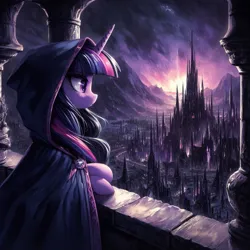 Size: 1024x1024 | Tagged: safe, ai content, derpibooru import, machine learning generated, twilight sparkle, pony, balcony, castle, city, cloak, clothes, g4, generator:dall-e 3, hood, horizon, image, melancholy, painting, png, prompter:montaraz13, solo, watching