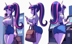 Size: 1024x632 | Tagged: suggestive, ai content, derpibooru import, machine learning generated, twilight sparkle, anthro, unicorn, bag, big breasts, breasts, busty twilight sparkle, butt, clothes, curvy, female, g4, handbag, hourglass figure, huge butt, image, large butt, looking at you, manga style, mobile phone, phone, png, ponytail, prompter:horselover fat, rear view, rearboob, sexy, side view, sideboob, solo, tight clothing, turnaround, vending machine