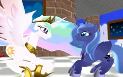 Size: 1920x1200 | Tagged: safe, artist:puzzlshield2, derpibooru import, princess celestia, princess luna, pony, friendship is magic, season 1, 3d, g4, image, mmd, png, recreation, s1 luna, scene interpretation, super mario 64, super mario bros., young luna