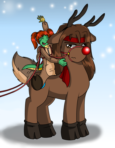 Size: 862x1102 | Tagged: source needed, safe, artist:naughtycatnick, edit, oc, oc:tommy travelmane, unofficial characters only, lizard, pony, animal costume, child, clothes, costume, cropped, explicit source, female, furry, furry oc, gradient background, harness, image, male, png, reindeer costume, riding, stallion, tack, younger, zipper