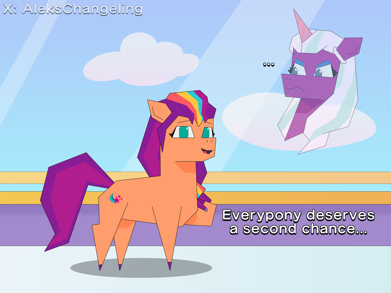 Size: 4200x3150 | Tagged: safe, artist:alejandrogmj, derpibooru import, sunny starscout, alicorn, earth pony, pony, g5, ..., crystal brighthouse, image, looking at each other, looking at someone, looking at you, opaline arcana, png, text