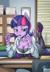 Size: 2171x3070 | Tagged: suggestive, artist:mysticalpha, derpibooru import, twilight sparkle, twilight sparkle (alicorn), alicorn, anthro, pony, unguligrade anthro, bedroom eyes, big breasts, black bra, black underwear, bra, breasts, business suit, businessmare, busty twilight sparkle, cleavage, clothes, female, hair twirl, high heels, hoof shoes, image, looking at you, lying down, mare, mouth hold, pantyhose, pen, png, prone, shoes, signature, skirt, skirt suit, solo, solo female, suit, underwear