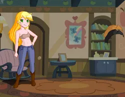 Size: 900x700 | Tagged: suggestive, derpibooru import, applejack, human, bare shoulders, boots, bra, clothes, denim, female, humanized, image, jeans, loose hair, pants, photo, png, sexy, shoes, straight hair, strapless, underwear